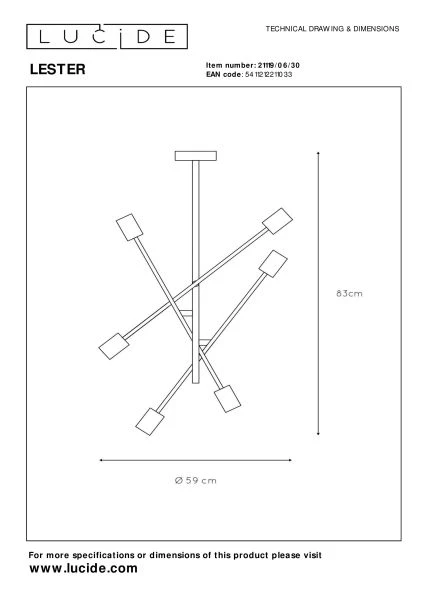 Lucide LESTER - Flush ceiling light - 6xE27 - Black - technical